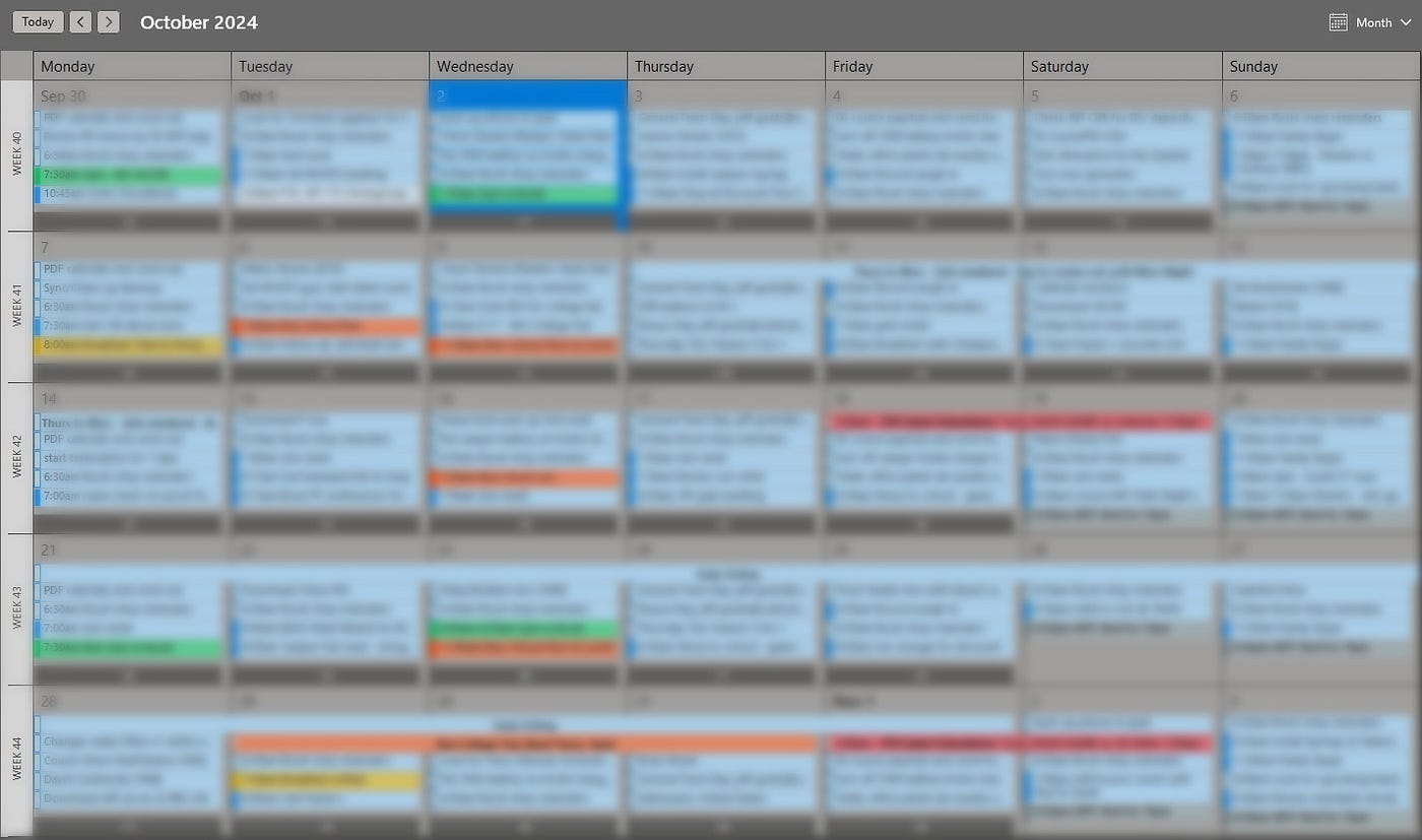 Monthly view of MS Outlook calendar showing only 4 weeks but quite busy with too much detail. Details blurred for privacy.