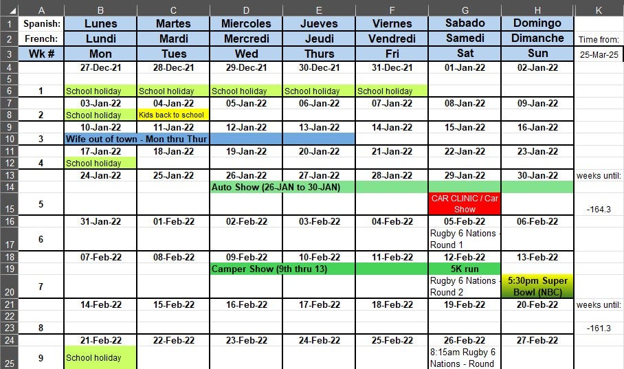 Sample of my 2022 family calendar illustrating new format with week numbers, separate columns for each day and each day having a date. Also, using multiple rows to get all data shown.